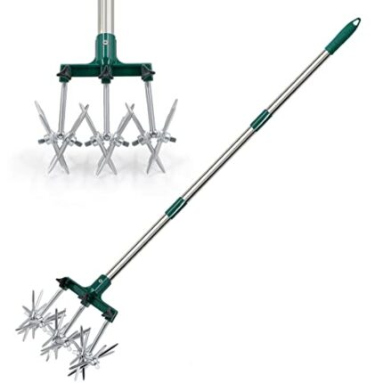 Hortem Rotary Cultivator Set, 25"-63" Adjustable Gardening Rotary Tiller and Hand-Held Garden Cultivator Tool with Steel Detachable Tines, Reseed