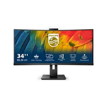 PHILIPS 34B1U5600CH - 34 Inch WQHD Curved Monitor, 120Hz, VA, 4ms, WebCam, KVM, MultiView, RJ-45 to USB-C, height Adjust (3440 x 1440 @ 120Hz, HD