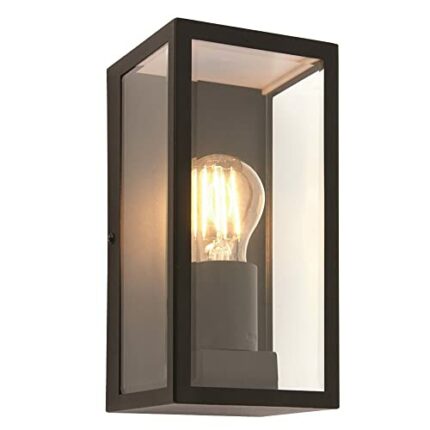 National Lighting Outdoor Wall Light - Matt Black Stainless Steel Boxed Lantern with Glass Panels - IP44 Rated Outside Light - Compatible with 28