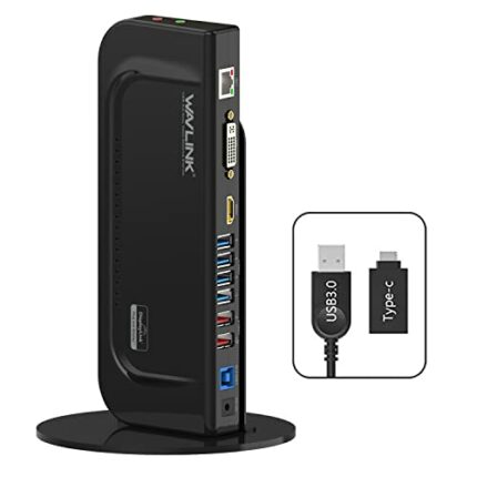 WAVLINK USB 3.0 / USB C Universal Dual Display Docking Station Support HDMI and DVI/VGA/HDMI with 6 USB Ports,Gigabit Ethernet and Audio Jack for