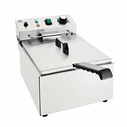 Nisbets Essentials 3kW 5 Litre Single Tank and Basket Electric Deep Fat Fryer | Stainless Steel | 50°C to 190°C Temperature Control | Lid Include