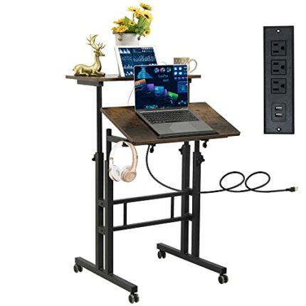 Hadulcet Mobile Standing Desk, Adjustable Standing Computer Desk, Standing Adjustable Laptop Cart with Wheels for Home Office Classroom Rustic Br