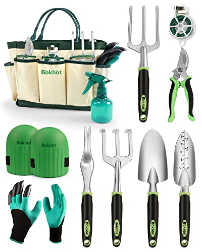 Bokhot Garden Tools Set Gardening Hand Tool Gift Kit with Heavy Duty Tool Bag for Easy Storage, Gardening Gifts for Outdoor Women & Men