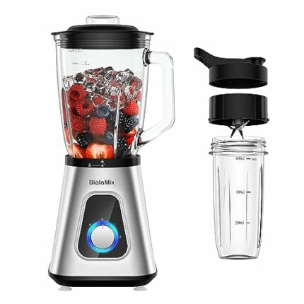 Biolomix Blender 1.5L Smoothie Maker with BPA-Free Glass Jug, Food Blender with 2 Speed Settings & Pulse Function, Stainless Steel Blades, Fruit