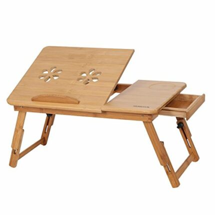Bamboo Laptop Bed Desk, Foldable Laptop Tray for Bed, Adjustable Height and Viewing Angle Sofa Tray Laptop Table Laptop Desk Tray with Drawer for
