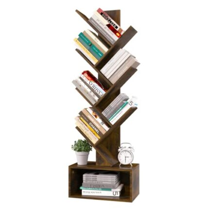 Yoobure Tree Bookshelf - 6 Shelf Retro Floor Standing Bookcase, Tall Wood Book Storage Rack for CDs/Movies/Books, Utility Organizer Shelves Bedro