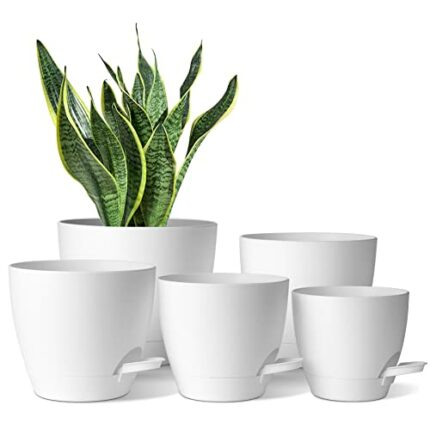 T4U Plastic Plant Pots Indoor, Self Watering Plant Pots Pack of 5, White Flower Planter with Drainage, Small Large Round Pots for Snake Plant, Or
