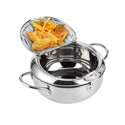 Hapivida Deep Fryer Pot, 2.2L Stainless Steel Japanese Style Tempura Frying Pan with Temperature Control and Oil Drip Drainer Rack for French Fri
