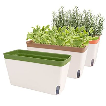 Fayavoo Self Watering Plant Pots, Set of 3 10.5 Inch Rectangular Windowsill Herb Planter Box, Modern Plastic Flower Pots for Indoor Outdoor Garde
