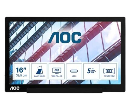 AOC i1601P - 16 Inch Portable monitor, FHD, USB-C, 60Hz, Smart Cover, Auto Pivoit, Ultra Light