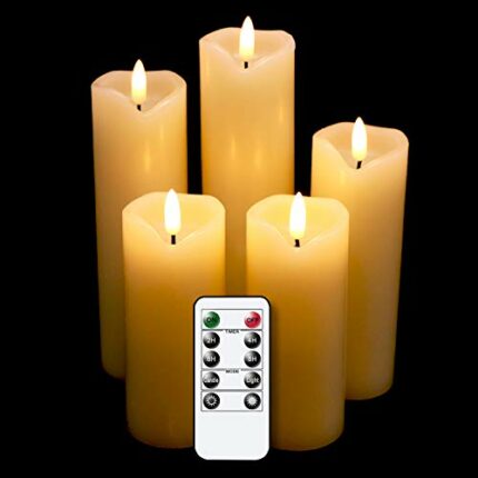 Eldnacele Flameless Flickering Candles with Remote Timer, 3D Wick Real Wax Battery Operated Pillar Candles Set of 5 for Home Wedding Party Christ
