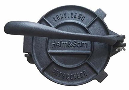 Helm & Som Pre-Seasoned Cast Iron Tortilla Press Pataconera (8 inch) | 100 Pieces of Parchment Paper Included | Tortilla Maker| Roti Press | Perf