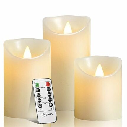 Biyanuo LED Candles,Flameless Candles 4" 5" 6" Real Wax Battery Candle Pillars, 10 Key Remote Control with 24 Hour Timer Function(Ivory,3 * 1)