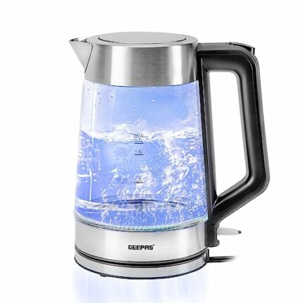 Geepas 1.7L Illuminating Electric Glass Kettle – 3000W Cordless Glass Jug Kettle with 360° Rotational Base – Auto Shut Off & Boil Dry Sensor – Co