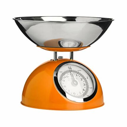 Premier Housewares Retro Kitchen Scales with Bowl Stainless Steel Food Cooking Scales 5kg Food Scales Weighing Kitchen Scale Bowl Orange 21x24 x2