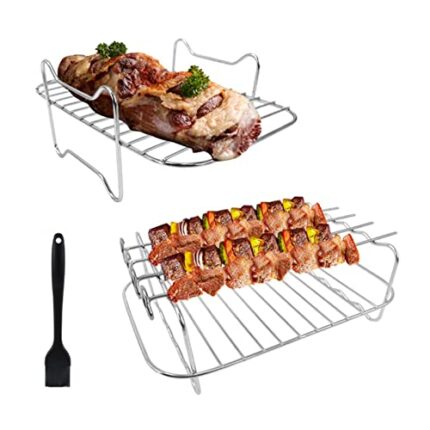2 Pack Air Fryer Rack, 304 Stainless Steel Double Layer Rack with 4 Skewers and Brush Air Fryer Accessories Compatible with Ninja Food Dual Zone