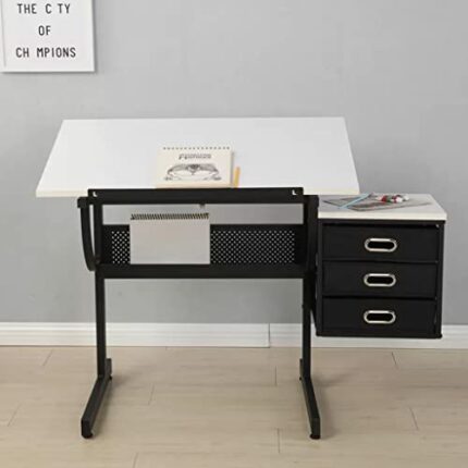 Drawer Table White Adjustable Drafting Drawing Desk With Stool And 3 Drawers Solid Construction For Home,Office,School116*60 * 75cm