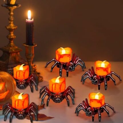 6PCS Halloween Candles, Flameless Halloween LED Tea Lights Spider Candle Tealights Halloween Decor, Battery Operated Halloween Lamp LED Candle La