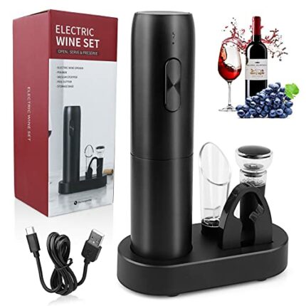 Electric Wine Bottle Opener Set, 5-in-1 Professional Automatic Wine Corkscrew with Foil Cutter, Pourer, Vacuum Stopper and Charing Base & Cable f