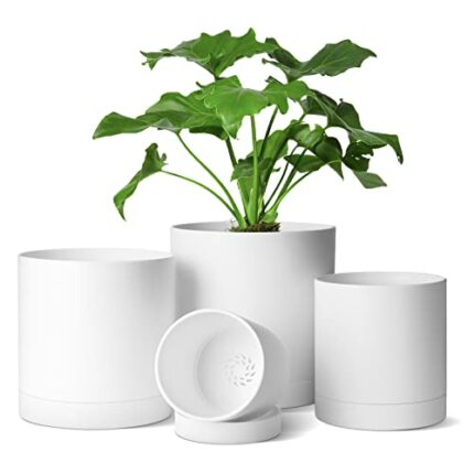 T4U Plastic Plant Pots Indoor, 4/5/6/7 Inch White Plant Pots with Saucers 4 Pcs, 3.5MM Thickened Planters Container with Dense Small Drainage Hol