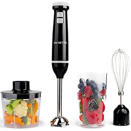 NETTA 3 in 1 Hand Blender, Whisk and Mini Chopper with 700ml Beaker - Powerful 600W - Electric Whisk, Immersion Mixer, 500ml Chopper Bowl - Stain