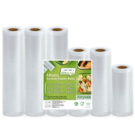 Anysea Vacuum Sealer Rolls Vacuum Sealer Bags: 6 Roll 15|20x2|28x3| x300 cm| BPA-Free | Heavy Duty Embossed | Vacuum Seal Food Bags, Food Sealer