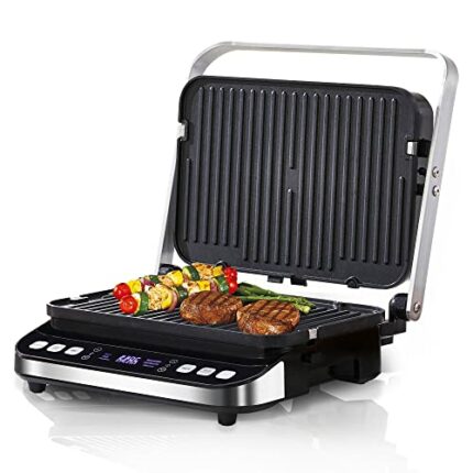 BioloMix Grill Machine 3 in 1 - Health Grill, Panini Presse, Waffle Maker - Electric Grill with Smart LED Display Panel - 180° Adjustable Waffle