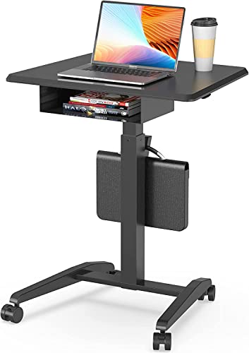 JOY worker Height Adjustable Rolling Laptop Desk with Shelf,Mobile Standing Desk,Pneumatic Mobile Laptop Table with Wheels for Couch Home Office