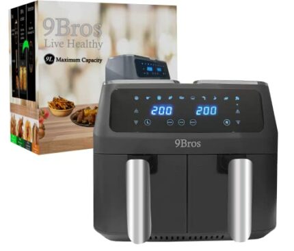 Large Dual Zone Two Basket Air Fryer Digital Oven Independent Cooking Non-Stick 9L Digital Touch Control Fast Healthy Oil Free Frying Electric Sm