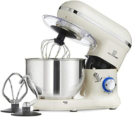 MisterChef Powerful 1600W Electric Food Stand Mixer with Large 5.5L Stainless Steel Bowl and 3 Attachments - Eggbeater, Dough Hook and Whisk,6 Sp