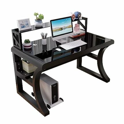 HAWEWE Modern Tempered Glass Computer Desk With Shelf PC Laptop Table Bedroom Simple Study Writing Desk Easy To Install Computer Workstation For