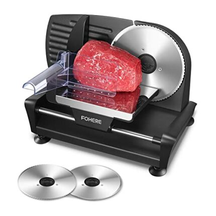 FOHERE Electric Meat Slicer Machine 200W for Home Use, with 2 Removable Stainless Steel Blade(Smooth/Serrated) and Food Pusher, Safety Switch, 0-