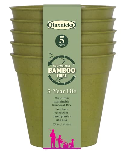 Haxnicks 5x Indoor & Outdoor Sustainable Bamboo Fibre Plant Pots | 4 Inch Diameter | Pack of 5 | Sage Green | Pot180101