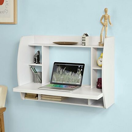 Haotian FWT18-W, White Drop-Leaf Table Desk, Wood Children Table,Home Office Table Desk Workstation Computer Desk with Storage Shelves, Trestle D