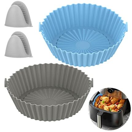 2 Pack Silicone Air Fryer Liner + 2PCS Heat Protective Gloves, 8-inch Air Fryer Liners Reusable Air Fryer Silicone Pot Basket for Ninja Dual Towe