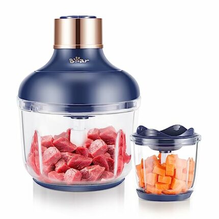 Bear 2L+0.6L Mini Food Processors & Choppers, 2 Speed, Shredder with 4 Stainless Steel Blades, Glass Container Shredder for Meat,Baby Food,Fruit,