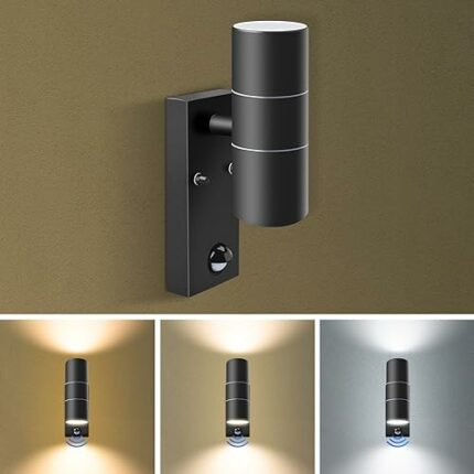 ALUSSO Motion Sensor Outdoor Wall Lights IP65, Stainless Steel Up Down Lights 3000K/4000K/6000K Selectable, 2x 8W GU10 Bulb Included,Outside Secu