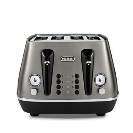De'Longhi Distinta Titanium CTIN4003.TB, 4 Slot Toaster, Reheat, 6 Browning Settings, Defrost and Cancel Functions, Pull Crumb Tray, 1800W, Titan