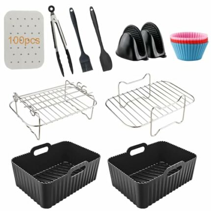 Air Fryer Accessories Set of 10 for Ninja AF300UK/AF400UK Dual Air Fryer Includes Silicone Air Fryer Liners & Cupcake/Muffin Molds + Dual Air Fry