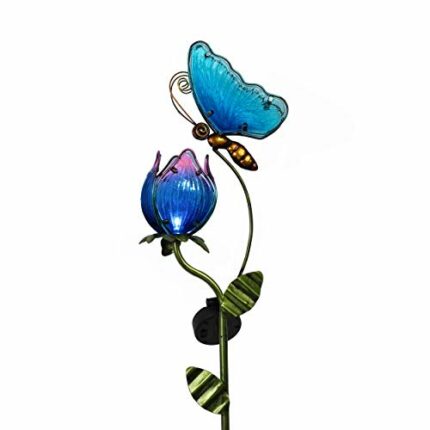TERESA'S COLLECTIONS Garden Ornaments Outdoor for Garden Gifts, 106cm Metal Butterfly Tulip Solar Stake Lights, Waterproof Flower and Animal Sola