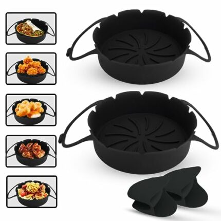 Black Silicone Air Fryer Liners Round - Ninja Air Fryer Accessories With Handle - Non-Stick, Durable, & Reusable Air Fryer Liners - 7.8 Inch & 8.