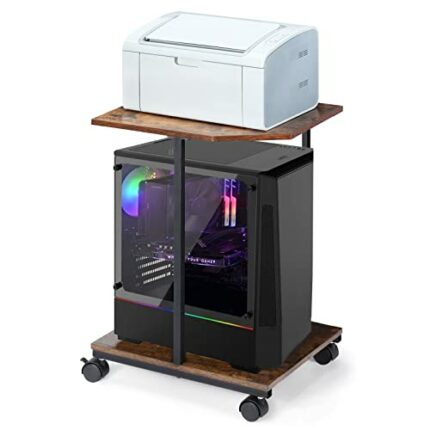 Computer Tower Stand, CPU Stand 2-Tier PC Stand Rustic Wood Desktop Printer Stand Table Top with Lockable Rolling Caster Wheels Under Desk for Of