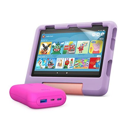 Fire HD 8 Kids tablet (Purple) + Kids Portable Charger (Pink) + NuPro Screen Protector (2-pack)