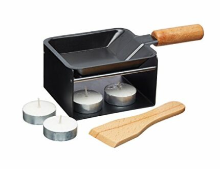 Artesà Mini Raclette Grill Cheese Individual Set for 2, Small Iron Cheese Fondue Melter, Metal Rack with Non Stick Pan, Wooden Spatula and 2 Cand