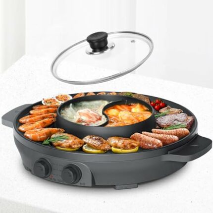 ENFRIFAM 2000W Electric Hot Pot, 2 in 1 Hot Pot and Grill, Suitable for 2-6 People, Grill Hot Pot, Evenly Heats with Independent Temperature Cont