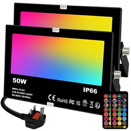 Mobri 50W LED Floodlight Outdoor, Colour Changing Flood Lights with Remote Control, 12 RGB Colours, Timing, 4 Modes, IP66 Waterproof, UK 3-Plug,