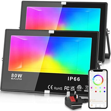 Teselife LED Floodlight Outdoor, 80W 2pack Smart RGB Floodlight with APP Control, IP66 Waterproof, Colour Changing, Timing, 2700K Warm White, Sce
