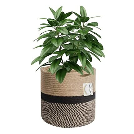 NATTHSWE Plant Basket With Liner, Indoor Woven Plant Pots for 7" Planter Flower Pots Cotton Rope Jute Plant Pot Decoration Foldable Laundry Baske