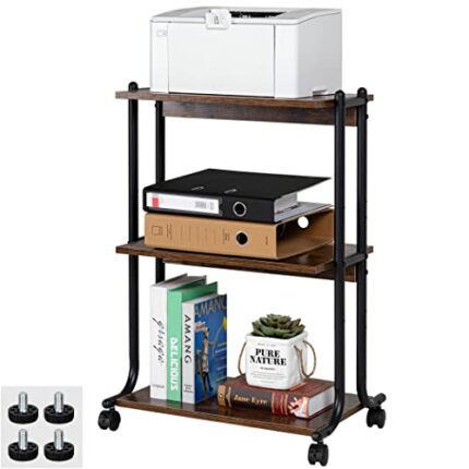 Becko Mobile Printer Stand 3 Tiers Wood/Metal Utility Cart with Shelf, Rolling Cart Storage Rack with Wheels/Anti-Slip Pads for Home Office (Brow