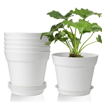 T4U 17.5CM Plastic Plant Pots 6-Pack, Large Flower Planter with Drainage Hole and Saucer, Classic Indoor Outdoor White Plant Pots for Orchid, Pen
